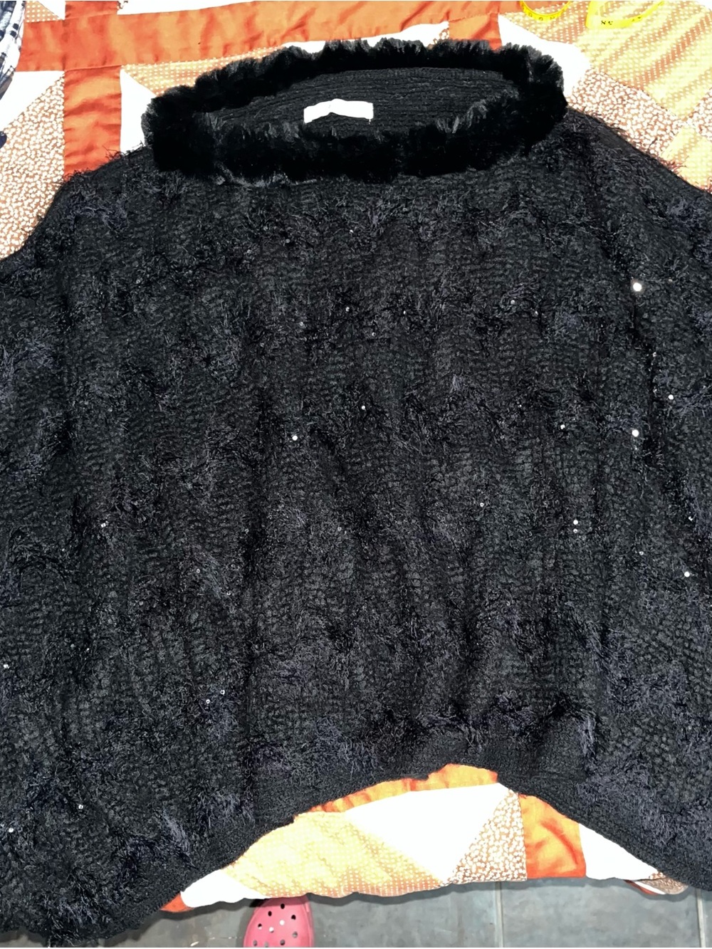 Black Women's Knit Sweater poncho with Faux Fur Trim